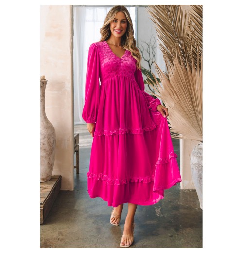 Autumn New Fashion Casual Shirred V-neck Elegant Long Sleeve Velvet Dress Women Autumn New Fashion Casual Shirred V-neck Elegant Long Sleeve Velvet Dress Women